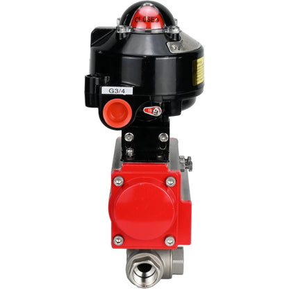 Ball valves DNOVA BV3232P-SP-3L-T 3-way L-type, threaded, standard bore, body - stainless steel SS316, seal - PTFE, with pneumatic actuator DNOVA PA-SA 052 -105 and LSU APL-510N-EX
