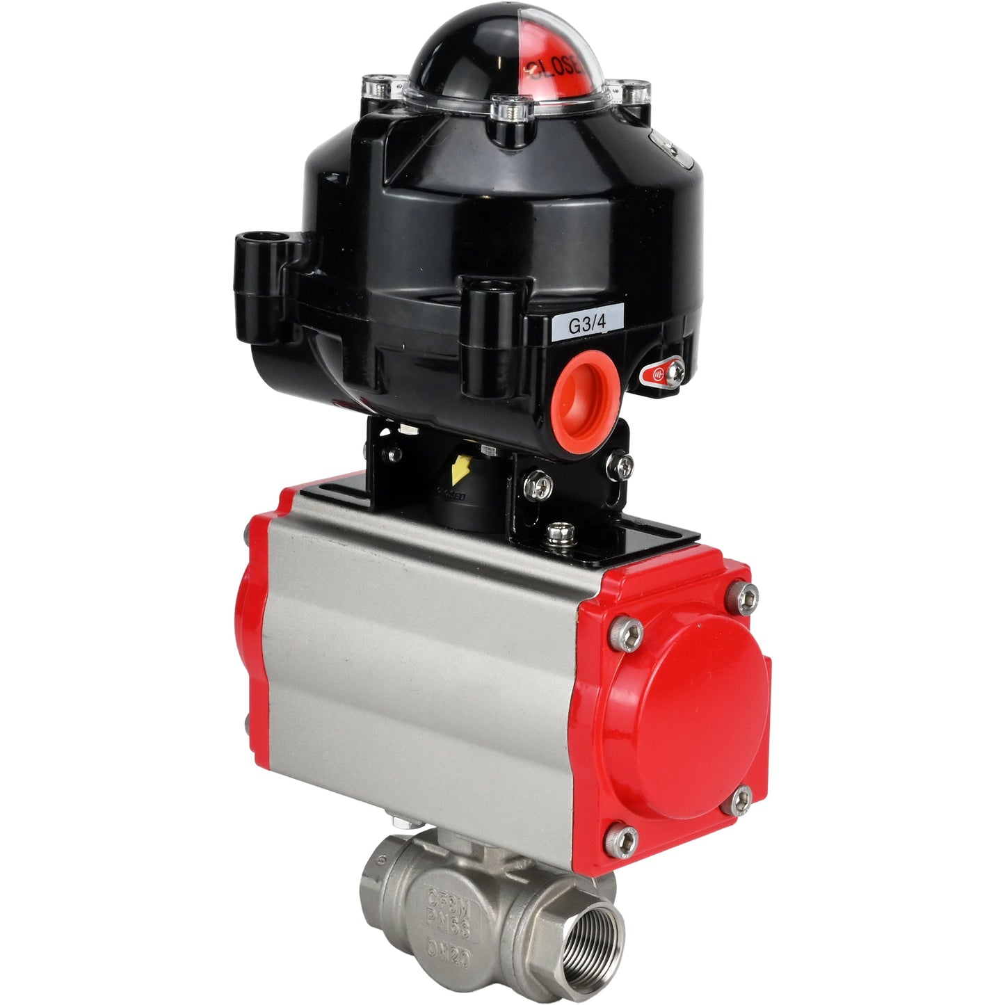 Ball valves DNOVA BV3232P-SP-3L-T 3-way L-type, threaded, standard bore, body - stainless steel SS316, seal - PTFE, with pneumatic actuator DNOVA PA-SA 052 -105 and LSU APL-510N-EX