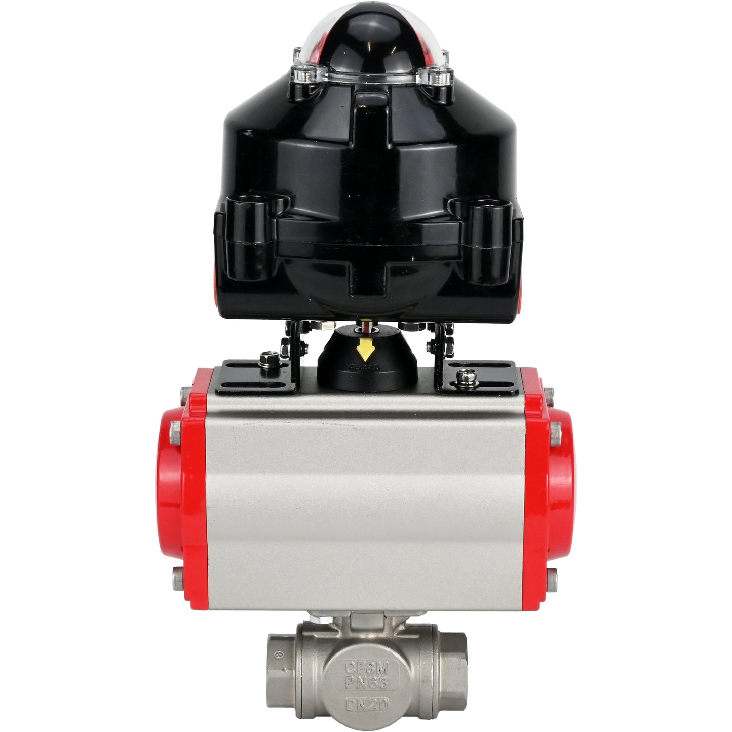 Ball valves DNOVA BV3232P-SP-3L-T 3-way L-type, threaded, standard bore, body - stainless steel SS316, seal - PTFE, with pneumatic actuator DNOVA PA-DA 052 -083 and LSU APL-510N-EX