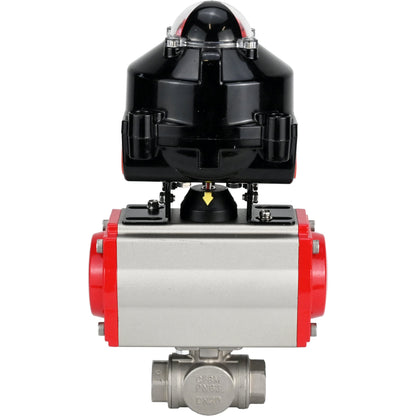 Ball valves DNOVA BV3232P-SP-3L-T 3-way L-type, threaded, standard bore, body - stainless steel SS316, seal - PTFE, with pneumatic actuator DNOVA PA-DA 052 -083 and LSU APL-510N-EX