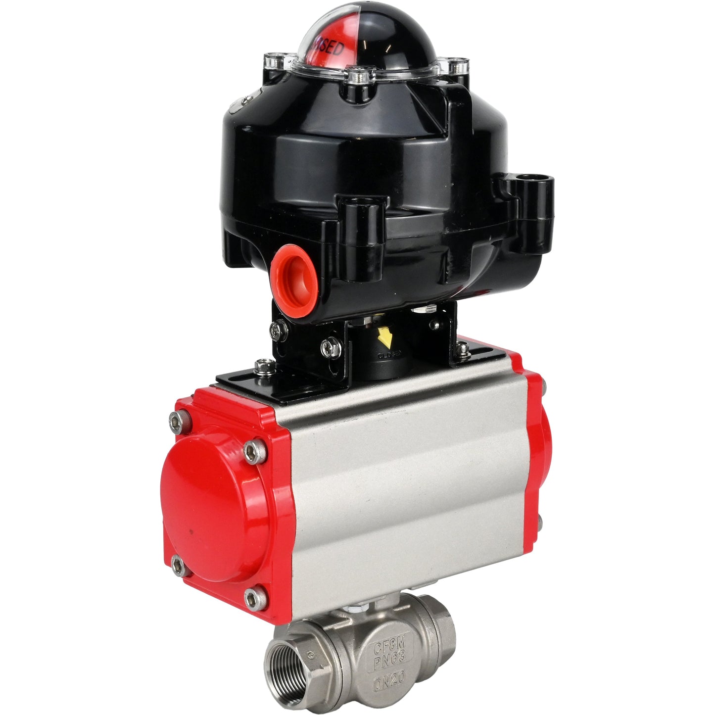 Ball valves DNOVA BV3232P-SP-3L-T 3-way L-type, threaded, standard bore, body - stainless steel SS316, seal - PTFE, with pneumatic actuator DNOVA PA-SA 052 -105 and LSU APL-510N-EX