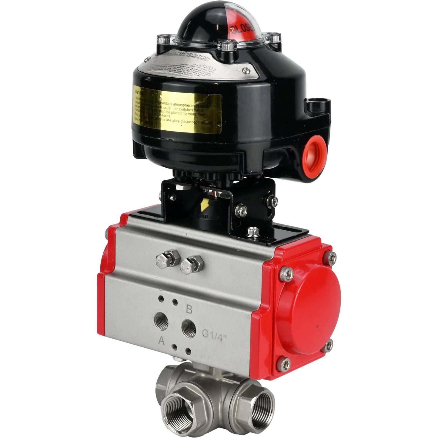 Ball valves DNOVA BV3232P-SP-3L-T 3-way L-type, threaded, standard bore, body - stainless steel SS316, seal - PTFE, with pneumatic actuator DNOVA PA-DA 052 -083 and LSU APL-510N-EX