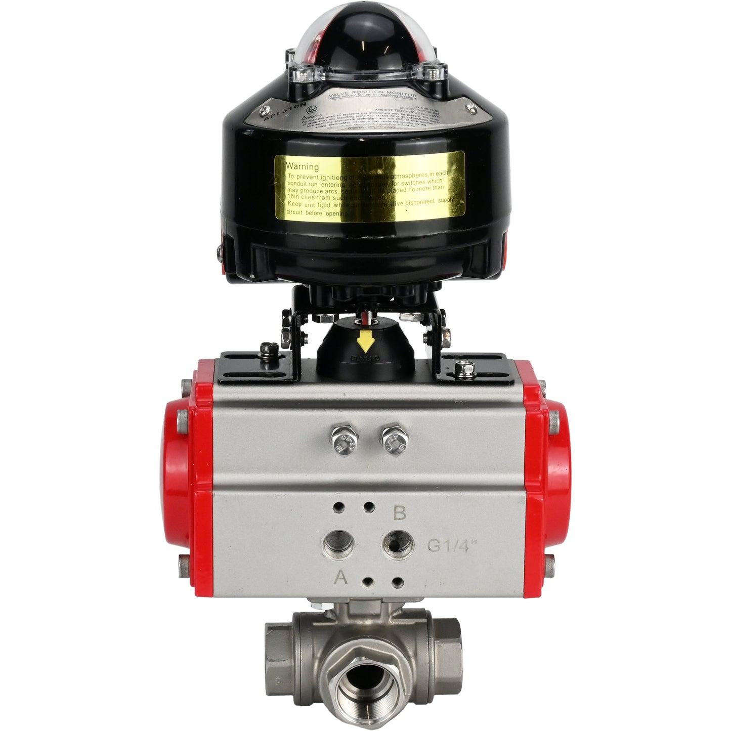 Ball valves DNOVA BV3232P-SP-3L-T 3-way L-type, threaded, standard bore, body - stainless steel SS316, seal - PTFE, with pneumatic actuator DNOVA PA-SA 052 -105 and LSU APL-510N-EX