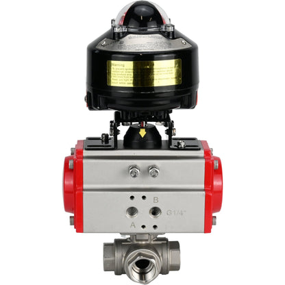 Ball valves DNOVA BV3232P-SP-3L-T 3-way L-type, threaded, standard bore, body - stainless steel SS316, seal - PTFE, with pneumatic actuator DNOVA PA-SA 052 -105 and LSU APL-510N-EX