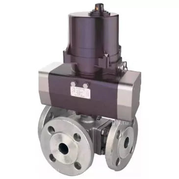 Ball valves DNOVA BV3232P(4pc)-FP-3WL-F-ISO-H full bore, three-way, flanged, body - SS316 stainless steel, seal - PTFE, with electric quarter turn actuator DNOVA QTSA-N-EM-O0-220VAC