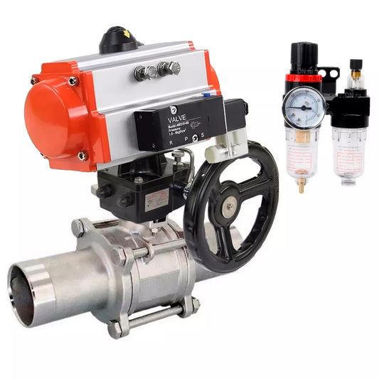 Ball valves DNOVA BV3131P(3pc)-FP-W-ISO-H LONG full bore, body - stainless steel 304, for welding, with pneumatic actuator PA-DA, pneumatic distributor 4M310-08 220V, MON reducer and BPV AFC2000