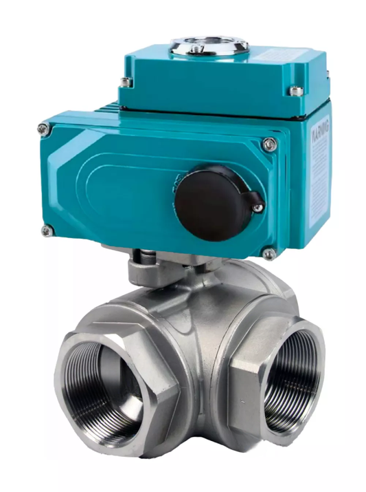 Ball valves DNOVA BV3232P(4pc)-SP-3L-T-ISO-H 3-way L-type standard bore, threaded, body - stainless steel SS316, seal - PTFE, with 1/4-turn electric drive QT-N-020EM- O1-380VAC-U1 380V HARK