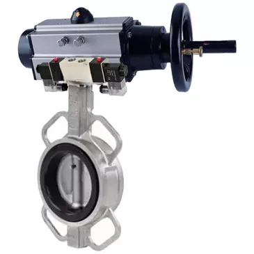 Water Butterfly Valve DNOVA WBV3131E-2W-Fb-H, wafer, body - stainless steel 304, disk - stainless steel 304, seal - EPDM, with pneumatic actuator PA-DA-105-1, with pneumatic distributor 4V320-10 220V