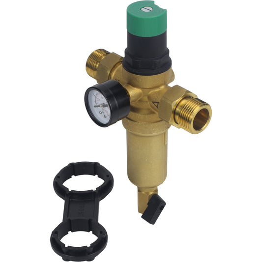 Flush strainer DNOVA FMTWR0031-T threaded, T-shaped, body - brass, mesh - stainless steel 304, with pressure gauge and with reducer