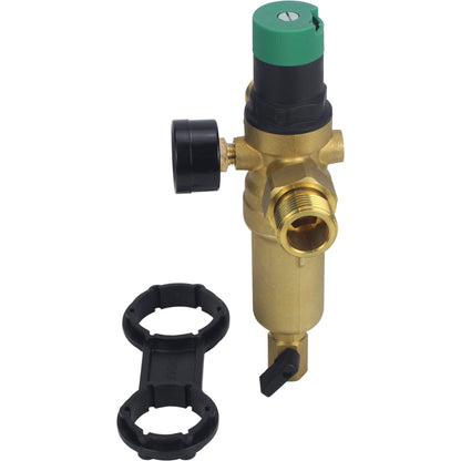 Flush strainer DNOVA FMTWR0031-T threaded, T-shaped, body - brass, mesh - stainless steel 304, with pressure gauge and with reducer