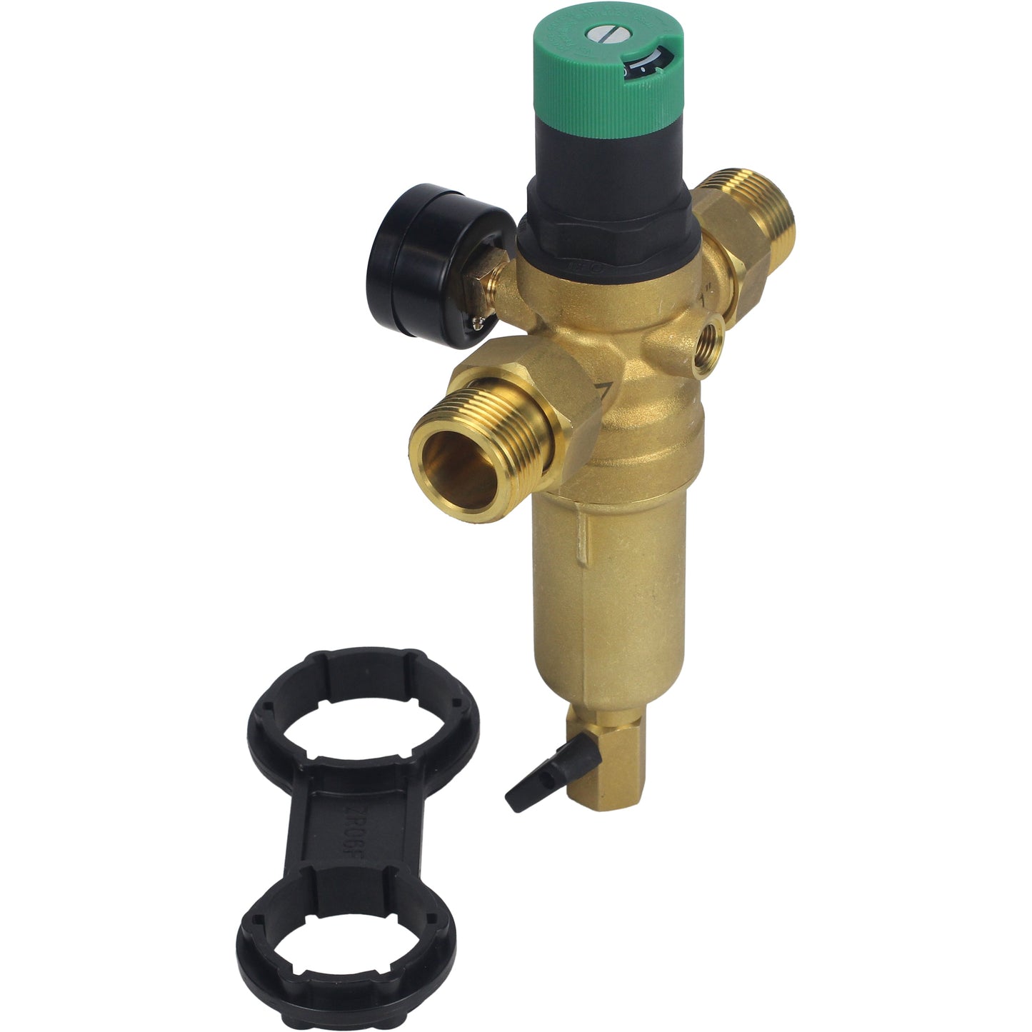 Flush strainer DNOVA FMTWR0031-T threaded, T-shaped, body - brass, mesh - stainless steel 304, with pressure gauge and with reducer