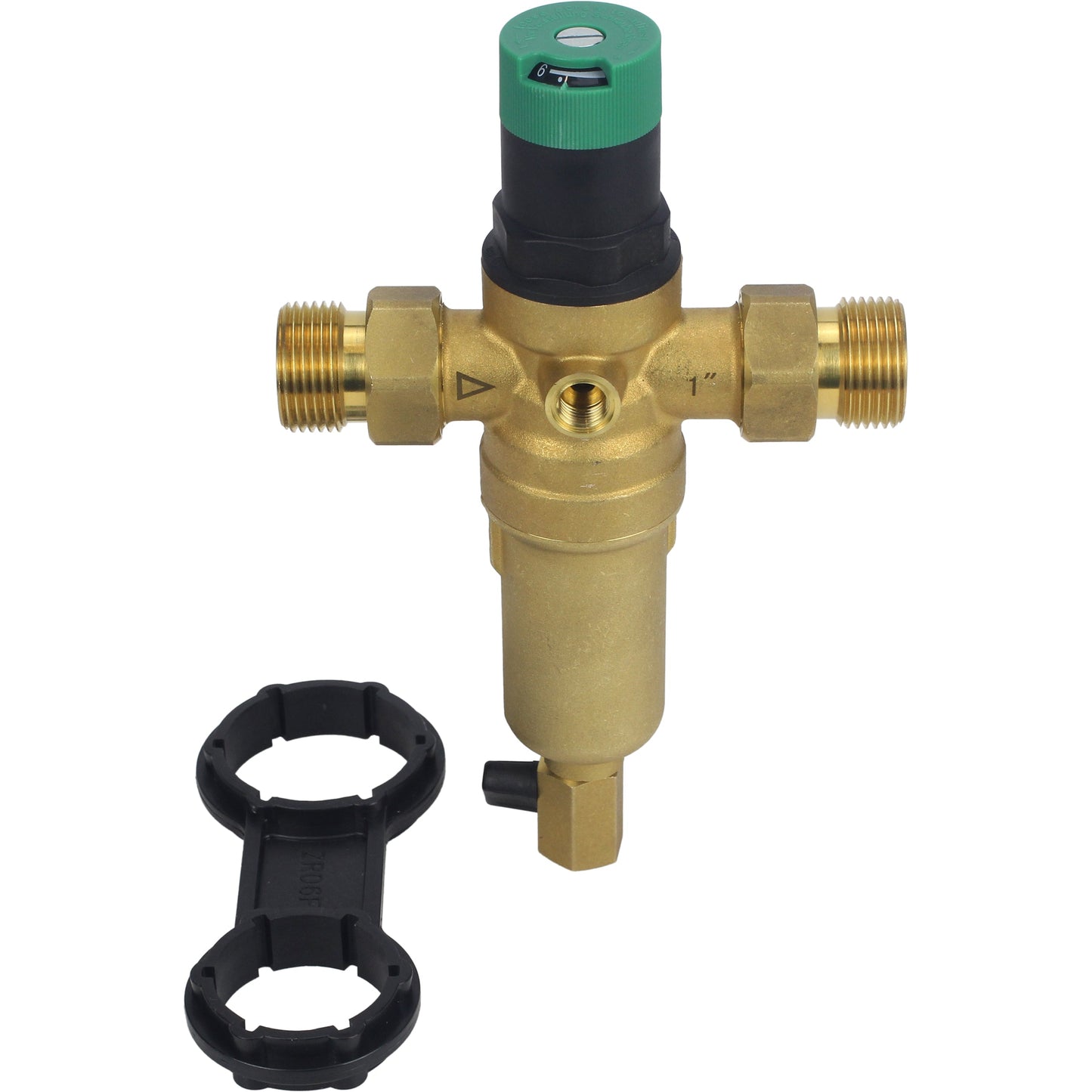 Flush strainer DNOVA FMTWR0031-T threaded, T-shaped, body - brass, mesh - stainless steel 304, with pressure gauge and with reducer