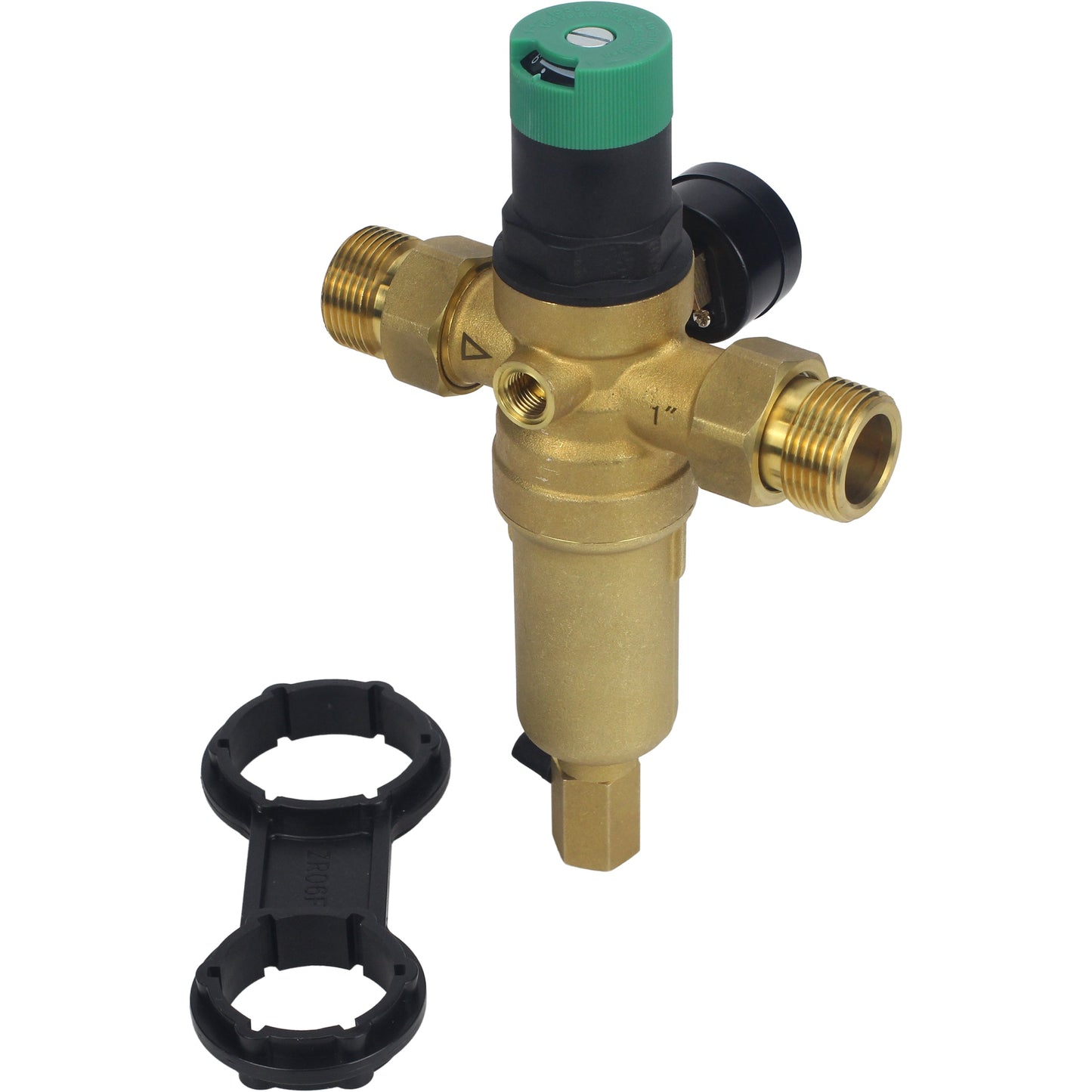 Flush strainer DNOVA FMTWR0031-T threaded, T-shaped, body - brass, mesh - stainless steel 304, with pressure gauge and with reducer