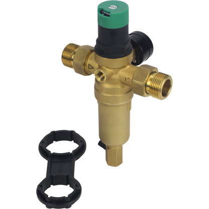 Flush strainer DNOVA FMTWR0031-T threaded, T-shaped, body - brass, mesh - stainless steel 304, with pressure gauge and with reducer