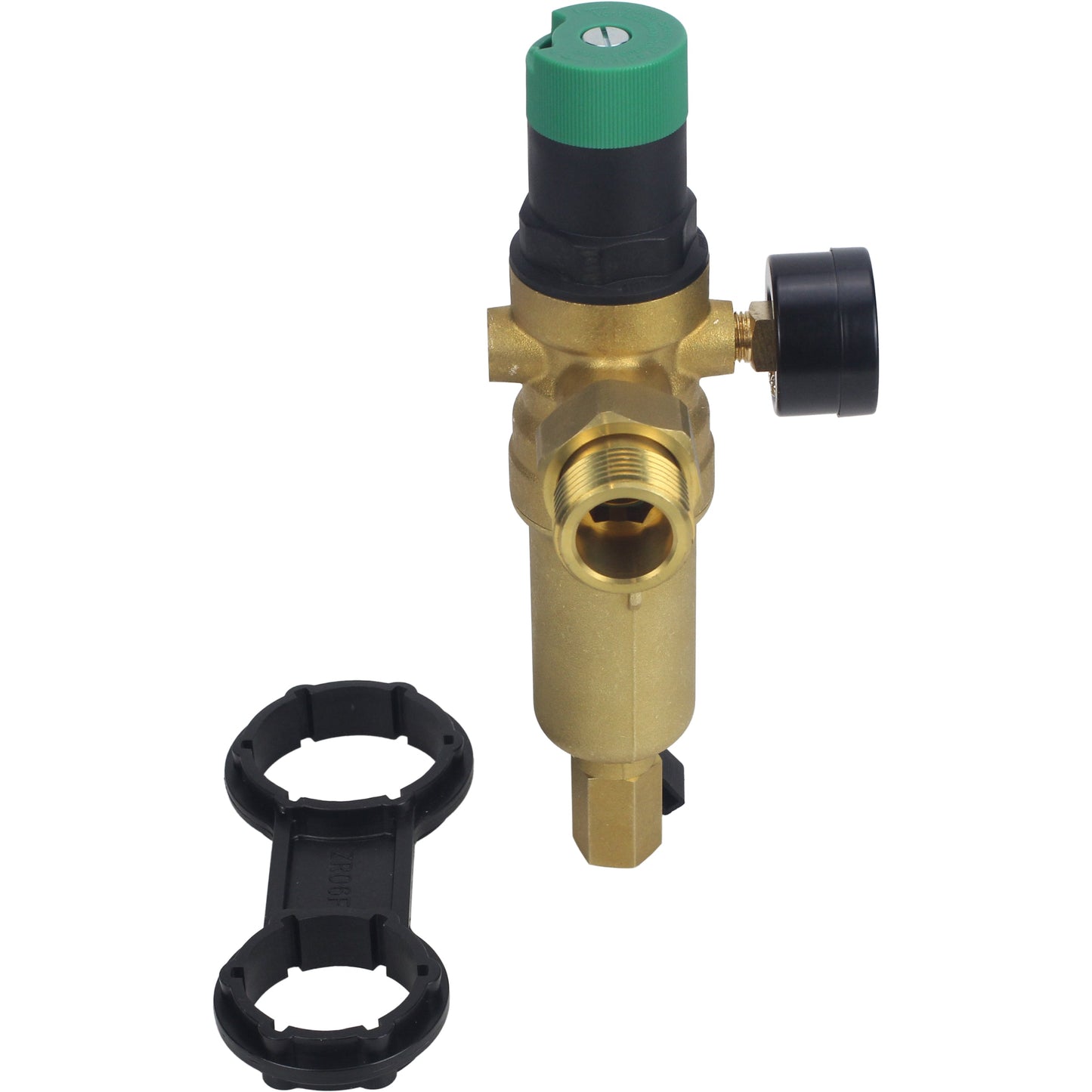 Flush strainer DNOVA FMTWR0031-T threaded, T-shaped, body - brass, mesh - stainless steel 304, with pressure gauge and with reducer