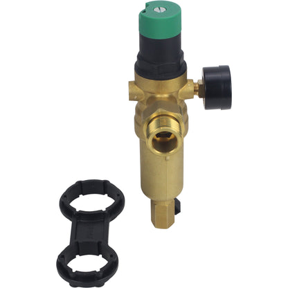 Flush strainer DNOVA FMTWR0031-T threaded, T-shaped, body - brass, mesh - stainless steel 304, with pressure gauge and with reducer