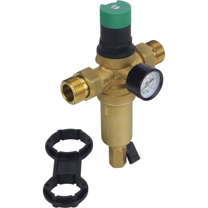 Flush strainer DNOVA FMTWR0031-T threaded, T-shaped, body - brass, mesh - stainless steel 304, with pressure gauge and with reducer