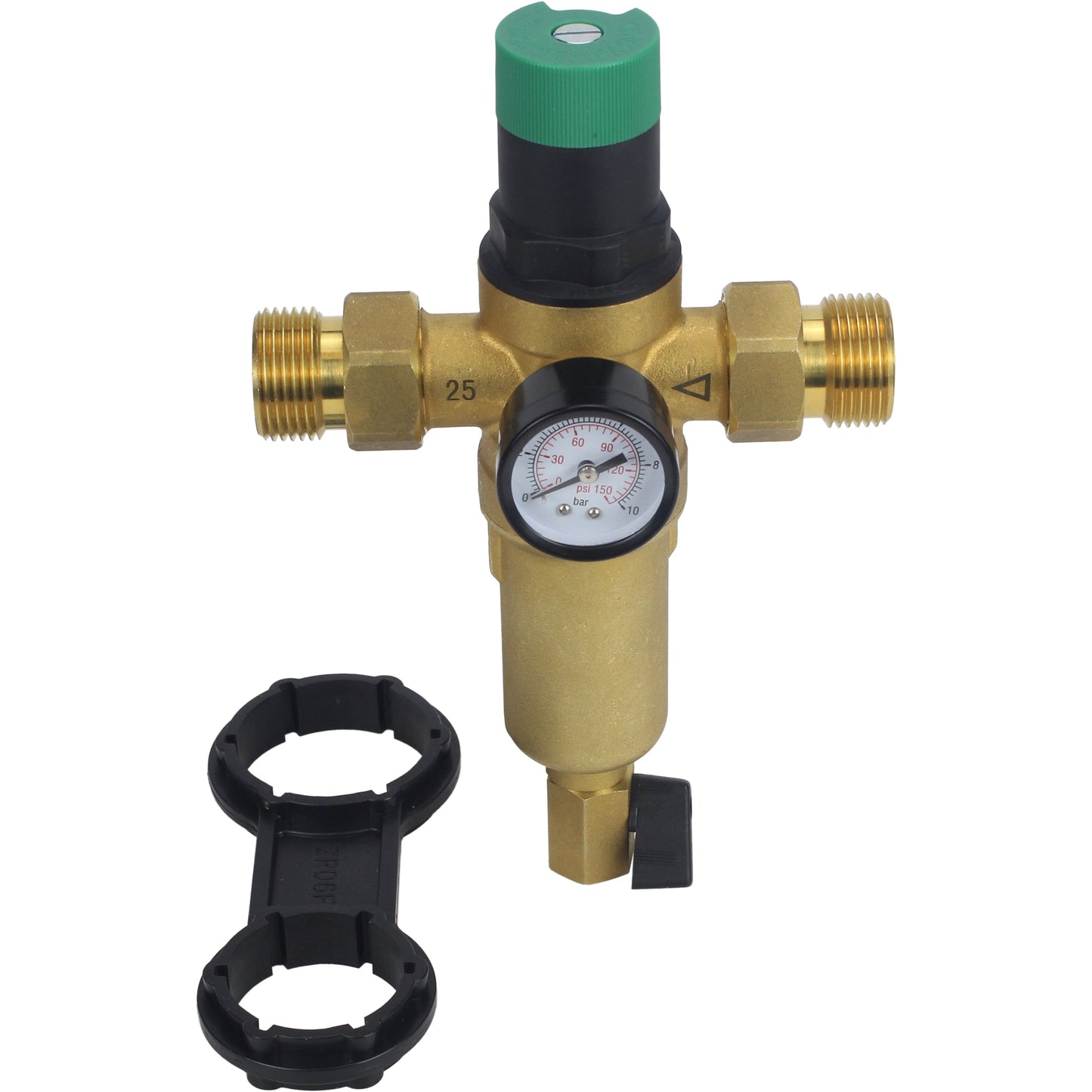 Flush strainer DNOVA FMTWR0031-T threaded, T-shaped, body - brass, mesh - stainless steel 304, with pressure gauge and with reducer
