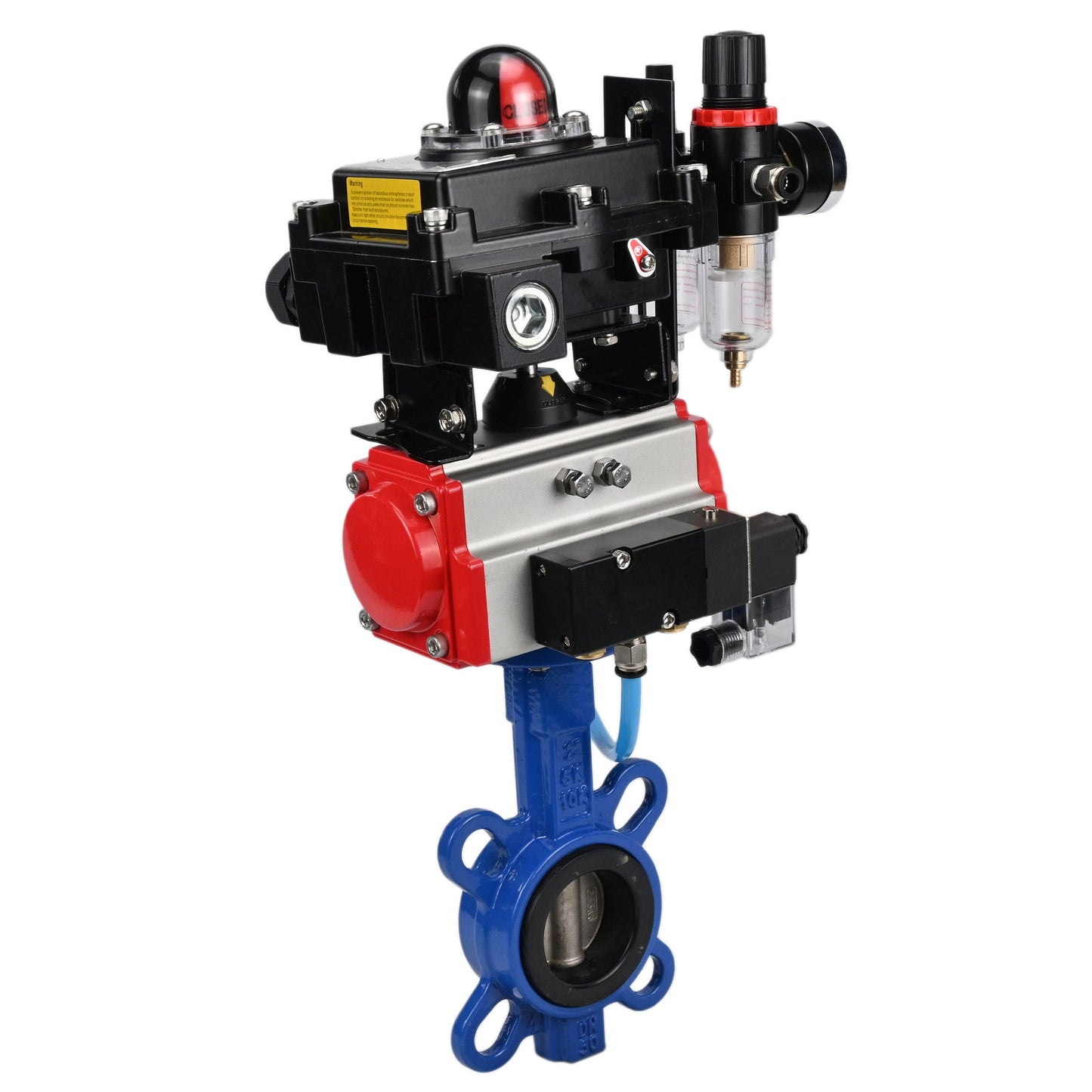 Water butterfly valve DNOVA GGG50-GGG40-EPDM body material - cast iron GGG50, disk material - cast iron GGG40, seal - EPDM with pneumatic actuator DNOVA DA, pneumatic distributor 4M310-08 NAMUR 24V, limit switch block APL-410N EX and air filter AFC2000
