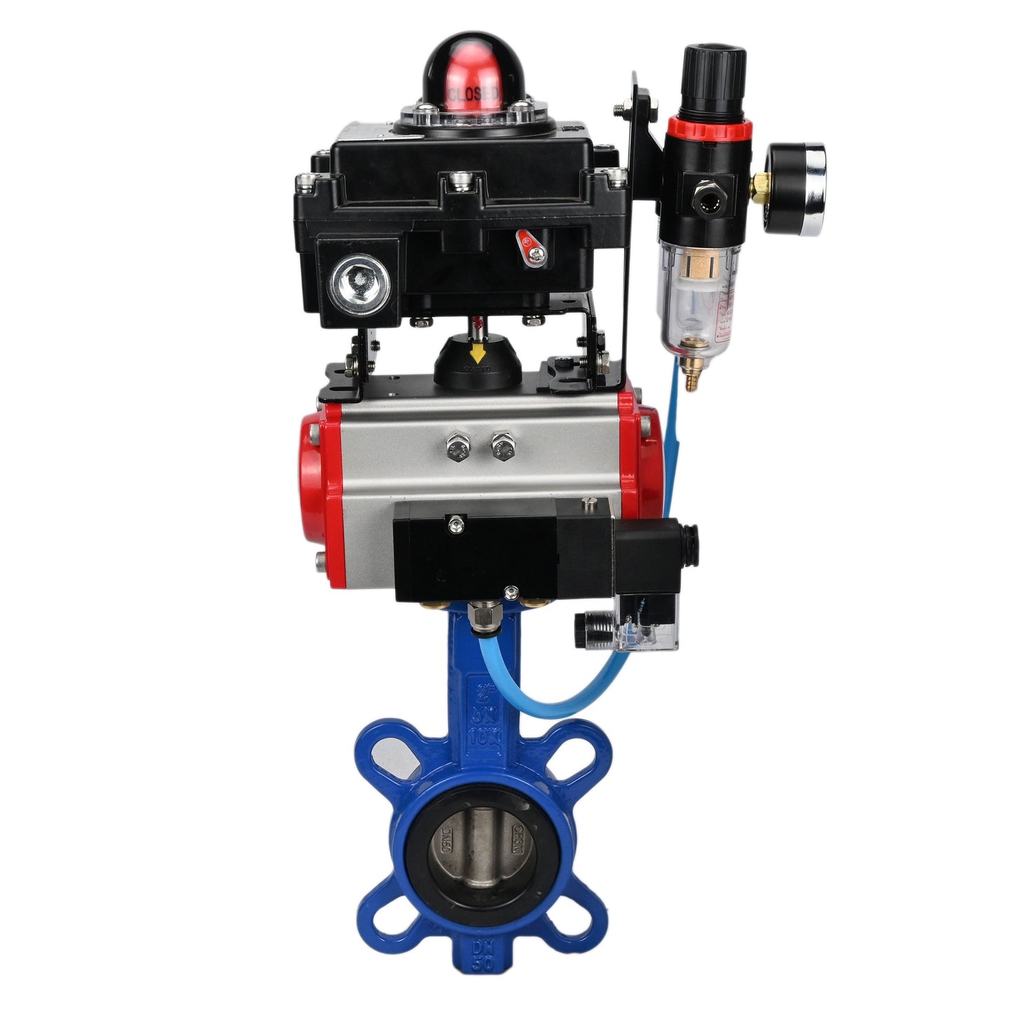 Water butterfly valve DNOVA GGG50-GGG40-EPDM body material - cast iron GGG50, disk material - cast iron GGG40, seal - EPDM with pneumatic actuator DNOVA SA, pneumatic distributor 4M310-08 NAMUR 220V, limit switch block APL-410N EX and air filter AFC2000
