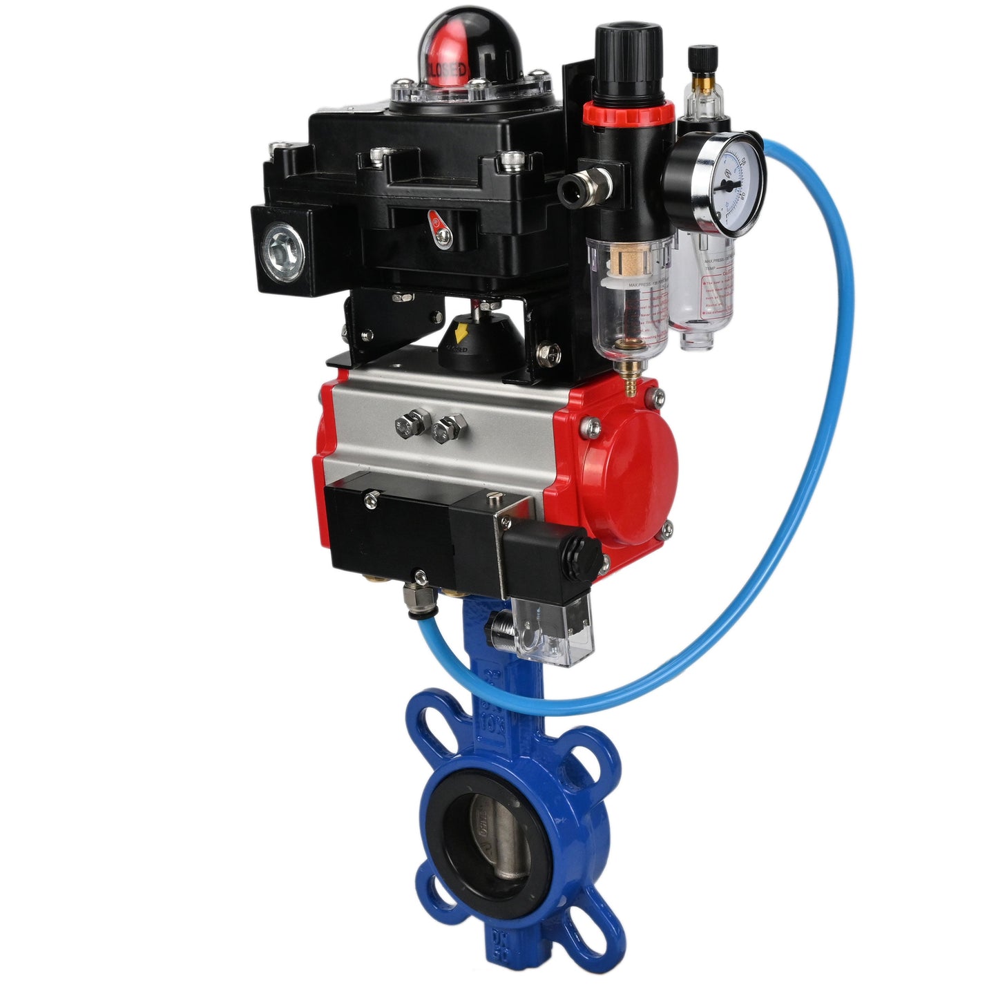 Water butterfly valve DNOVA GGG50-GGG40-EPDM body material - cast iron GGG50, disk material - cast iron GGG40, seal - EPDM with pneumatic actuator DNOVA SA, pneumatic distributor 4M310-08 NAMUR 220V, limit switch block APL-410N EX and air filter AFC2000
