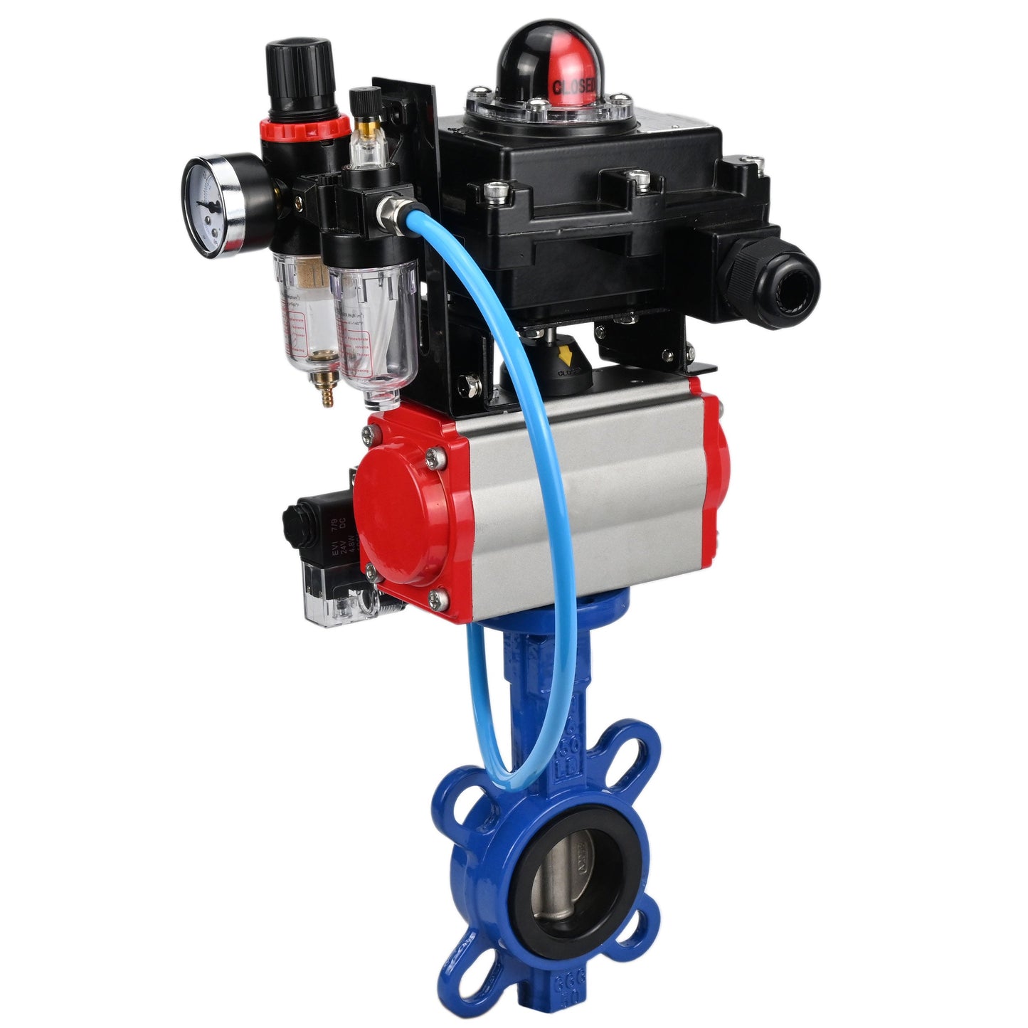 Water butterfly valve DNOVA GGG50-GGG40-EPDM body material - cast iron GGG50, disk material - cast iron GGG40, seal - EPDM with pneumatic actuator DNOVA SA, pneumatic distributor 4M310-08 NAMUR 220V, limit switch block APL-410N EX and air filter AFC2000