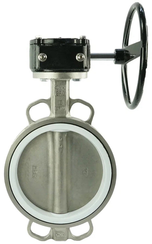 Válvula de mariposa de agua DNOVA 316L-PTFE-HAM, material del cuerpo - acero inoxidable AISI 316L, material del disco - acero inoxidable AISI 316L, sello - PTFE, accionada por engranajes