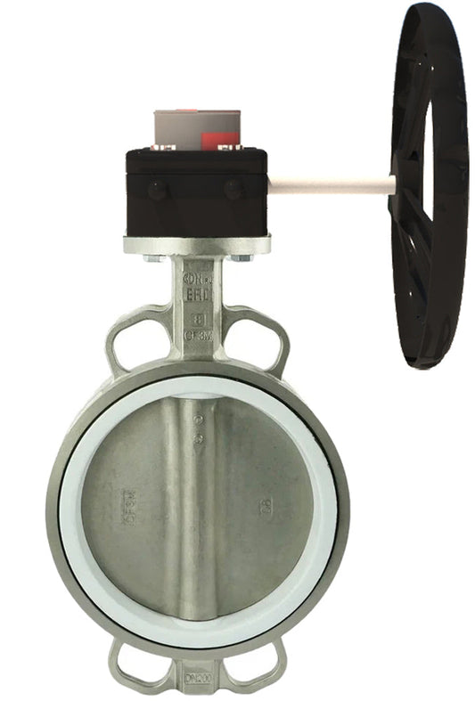 Válvula de mariposa de agua DNOVA 316L-PTFE-HGB, material del cuerpo: acero inoxidable AISI 316L, material del disco: acero inoxidable AISI 316L, sello: PTFE, accionada por engranajes