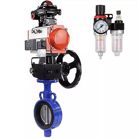 Water Butterfly Valve DNOVA WBV0232E-2W-Fb-H, body material - aluminum alloy, disk material - stainless steel AISI 316L, seal - EPDM, with pneumatic actuator double action PA-DA-065, 4V320-08 220V, handwheel MON, LSU APL-410N EX, ATU AFC2000