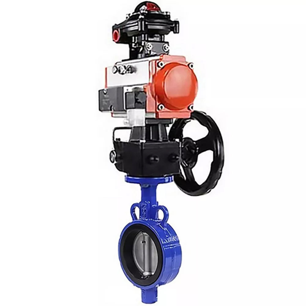 Water Butterfly Valve DNOVA WBV0232E-2W-Fb-H, body material - aluminum alloy, disk material - stainless steel AISI 316L, seal - EPDM, with pneumatic actuator double action PA-DA-065, 4M310-08 24V, handwheel MON, LSU APL-510N-EX