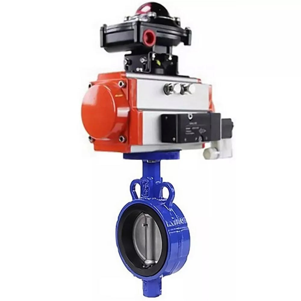 Water Butterfly Valve DNOVA WBV0232E-2W-Fb-H, body material - aluminum alloy, disk material - stainless steel AISI 316L, seal - EPDM, with pneumatic actuator double action PA-DA-065, 4V320-10 220V, LSU APL-210N