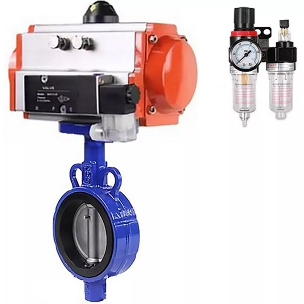 Water Butterfly Valve DNOVA WBV0232E-2W-Fb-H, body material - aluminum alloy, disk material - stainless steel AISI 316L, seal - EPDM, with pneumatic actuator double action PA-DA-065, 4V320-08 220V, ATU AFC2000