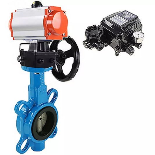 Water Butterfly Valve DNOVA WBV1616E-2W-Fb-H, body material - cast iron QT450, disk material - cast iron QT450, seal - EPDM, with pneumatic actuator double action PA-DA, handwheel MON, electropneumatic rotary positioner YT-1000RSN without feedback