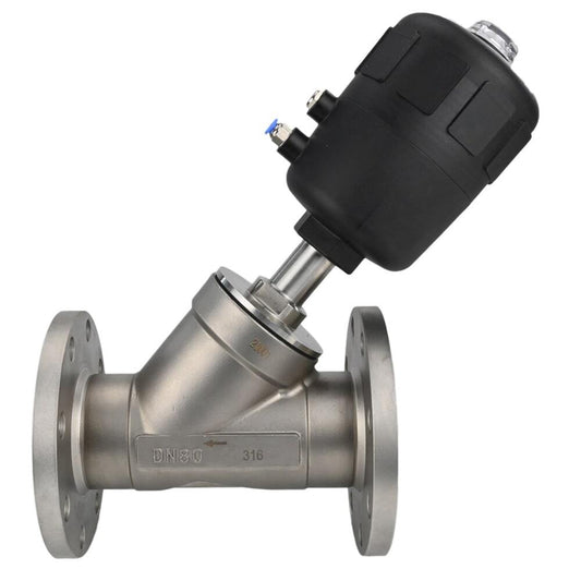 Pneumatic valve DNOVA VS324PV-F-1PNC, body material - stainless steel CF8M, flanged, Y-shaped
