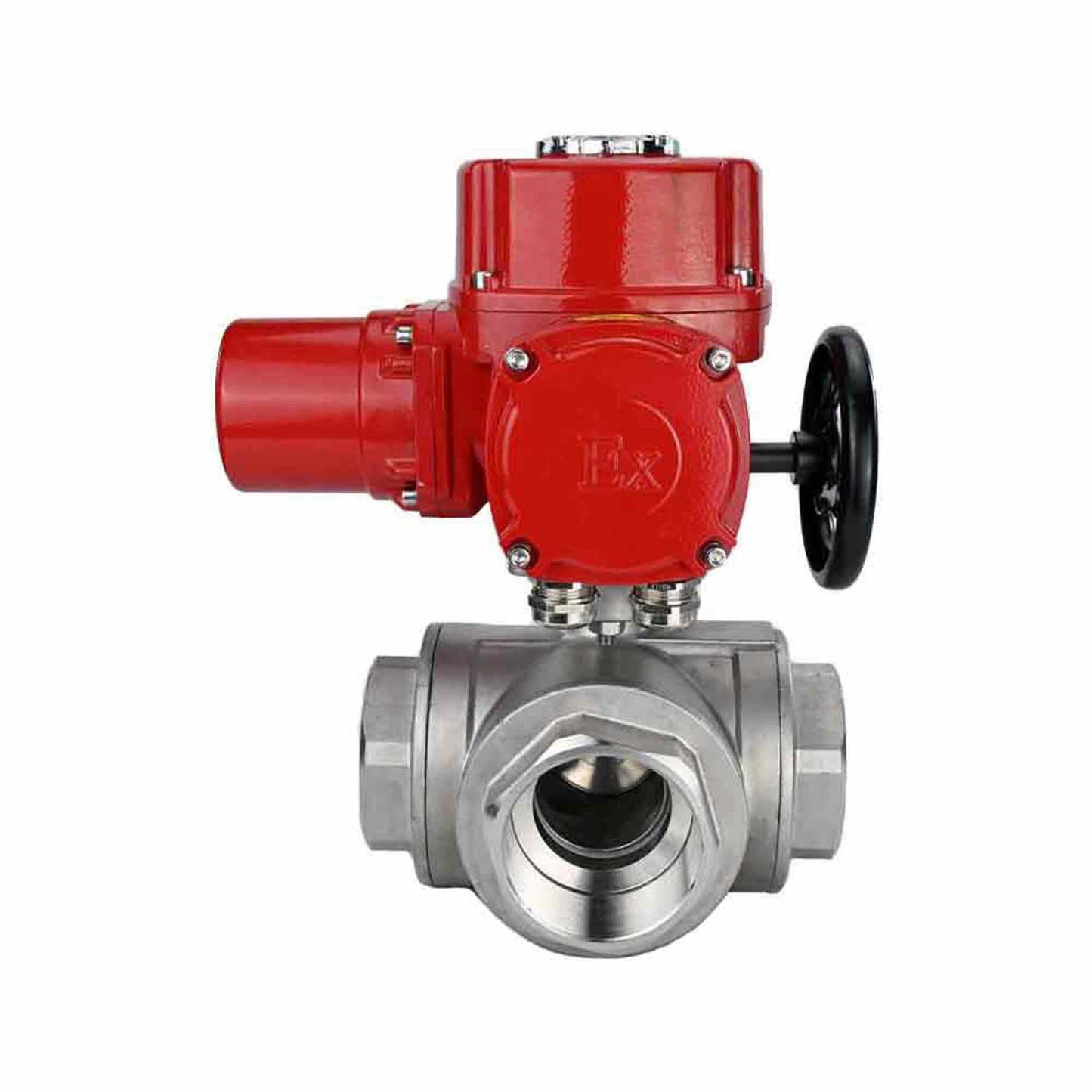 Stainless steel ball valve DNOVA RP.SS316.200.MM.ISO 914 PSI threaded, standard port, three way, L-type, body material - stainless steel AISI 316, with quater-turn electric actuator DNOVA QT-W (M) EX 380V