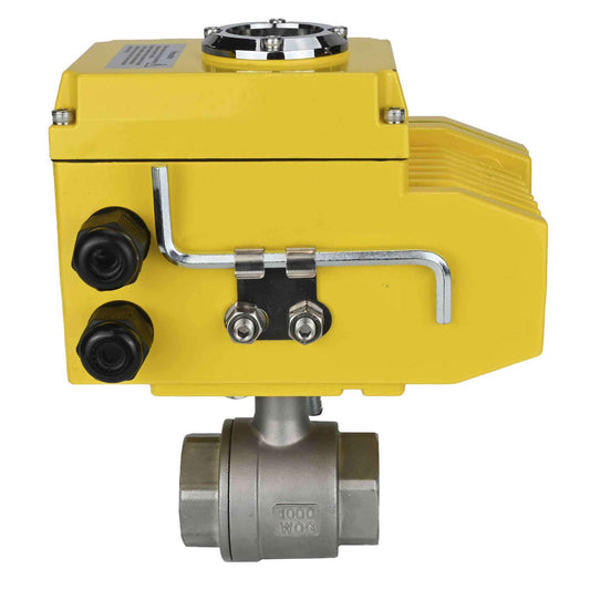 Stainless steel ball valve DNOVA BVMP.316.230-ISO PSI914, body material - stainless steel AISI 316, ball material - stainless steel AISI 316, seal - PTFE, threaded, quarter-turn electric actuator DNOVA-380 V