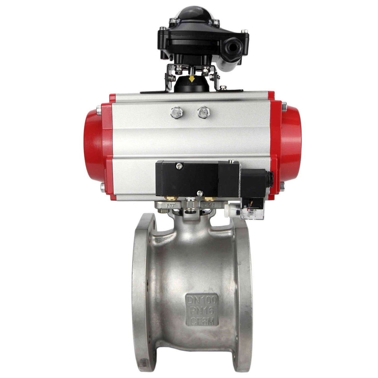 Stainless steel ball valve DNOVA BV3232P-FP-Fb PSI232, body material - stainless steel AISI 316, seal - PTFE, full port, compact flanged, pneumatic actuator DNOVA SA with return springs, pneumatic distributor 4M310-08 NAMUR 24 V, limit switch block