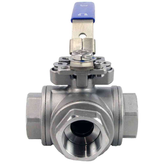 Stainless steel ball 3-way valve Threaded NPT/BSP T-type standard port DNOVA BV3232P(4pc)-SP-3WT-T-ISO-H with ISO 5211 mounting pad and handle