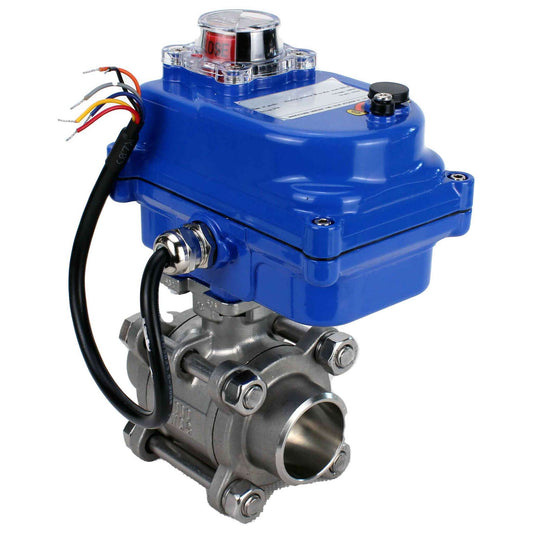 Válvula de bola de acero inoxidable DNOVA BVPP 316.200-ISO PSI914 SS316 paso completo, para soldar, material del cuerpo - acero inoxidable, actuador eléctrico de cuarto de vuelta DNOVA 003 azul 220 V