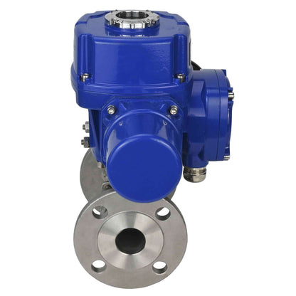 Válvula de bola de acero inoxidable DNOVA BVFPT.316.180 de tres piezas, material del cuerpo: acero inoxidable SS316, junta: PTFE, brida, paso completo, actuador eléctrico de cuarto de vuelta DNOVA QT-W (M) 220 V