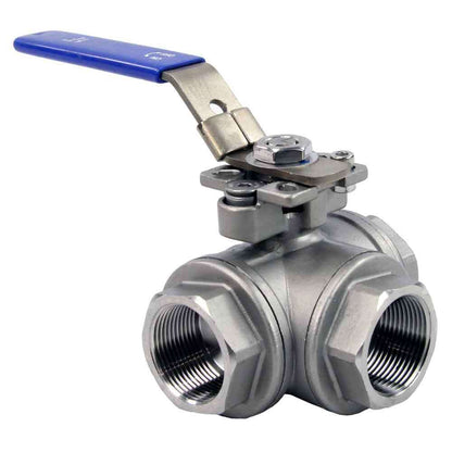 Stainless steel ball 3-way valve Threaded NPT/BSP T-type standard port DNOVA BV3232P(4pc)-SP-3WT-T-ISO-H with ISO 5211 mounting pad and handle