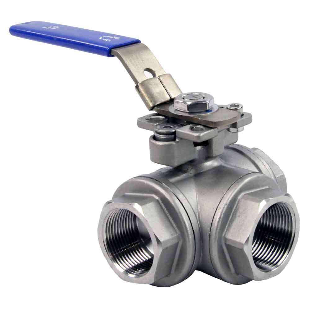 Stainless steel ball 3-way valve Threaded L-type standard port DNOVA BV3232P(4pc)-SP-3WL-T-ISO-H PN63 with ISO 5211 mounting pad and handle
