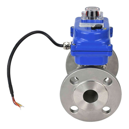 Válvula de bola de acero inoxidable DNOVA BVFPT-ISO.304.180 de tres piezas, material del cuerpo: acero inoxidable SS304, junta: PTFE, brida, paso completo, actuador eléctrico DNOVA 003 azul 24 V