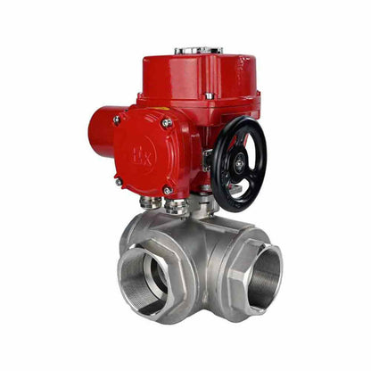 Stainless steel ball valve DNOVA RP.SS316.200.MM.ISO 914 PSI threaded, standard port, three way, L-type, body material - stainless steel AISI 316, with quater-turn electric actuator DNOVA QT-W (M) EX 220V