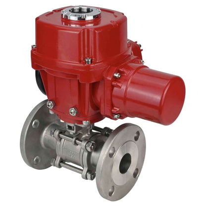 Válvula de bola de acero inoxidable DNOVA BVFPT.316.180 de tres piezas, material del cuerpo: acero inoxidable SS316, junta: PTFE, brida, paso completo, actuador eléctrico de cuarto de vuelta DNOVA QT-W (M) EX 220 V