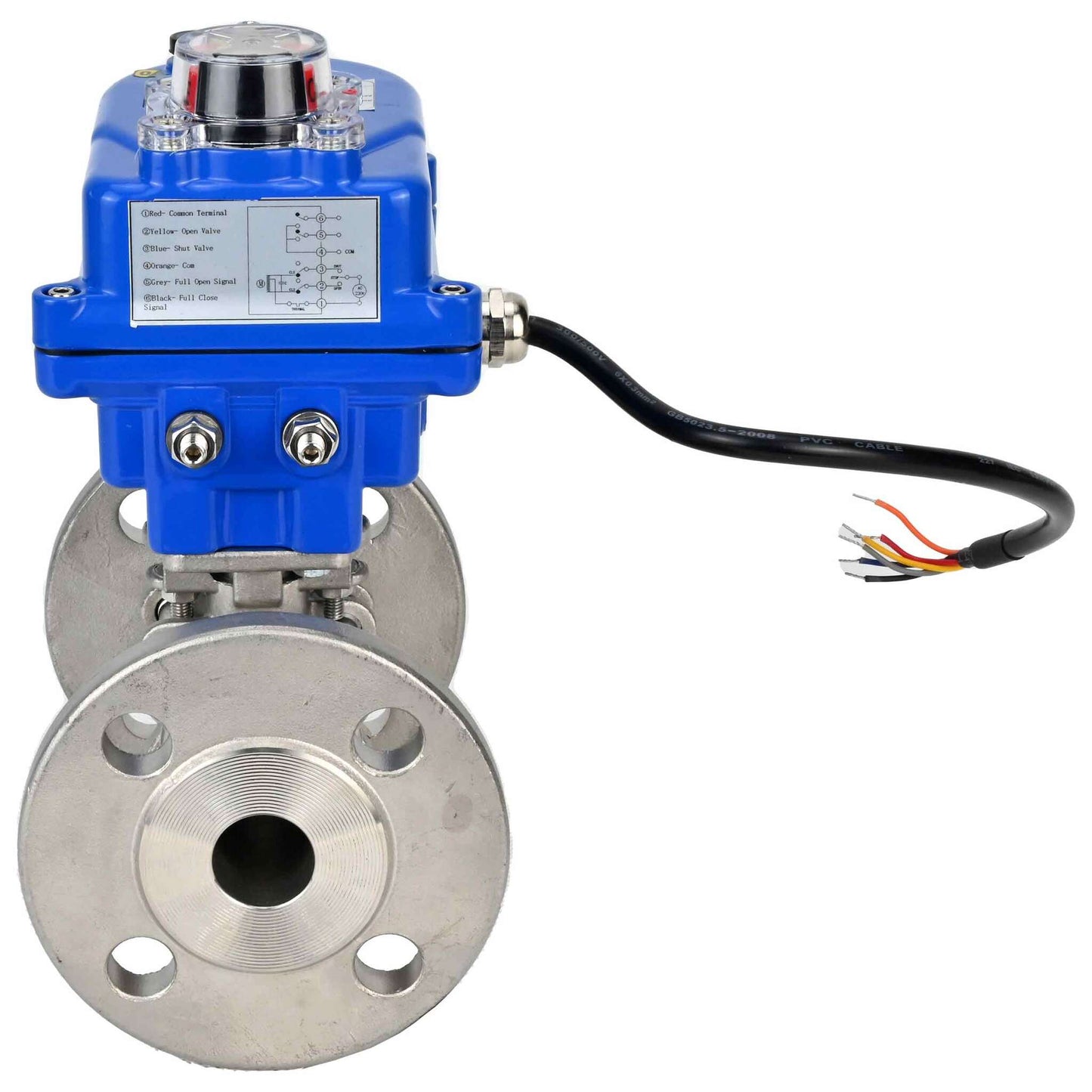 Válvula de bola de acero inoxidable DNOVA BVFPT-ISO.304.180 de tres piezas, material del cuerpo: acero inoxidable SS304, junta: PTFE, brida, paso completo, actuador eléctrico DNOVA 003 azul 220 V