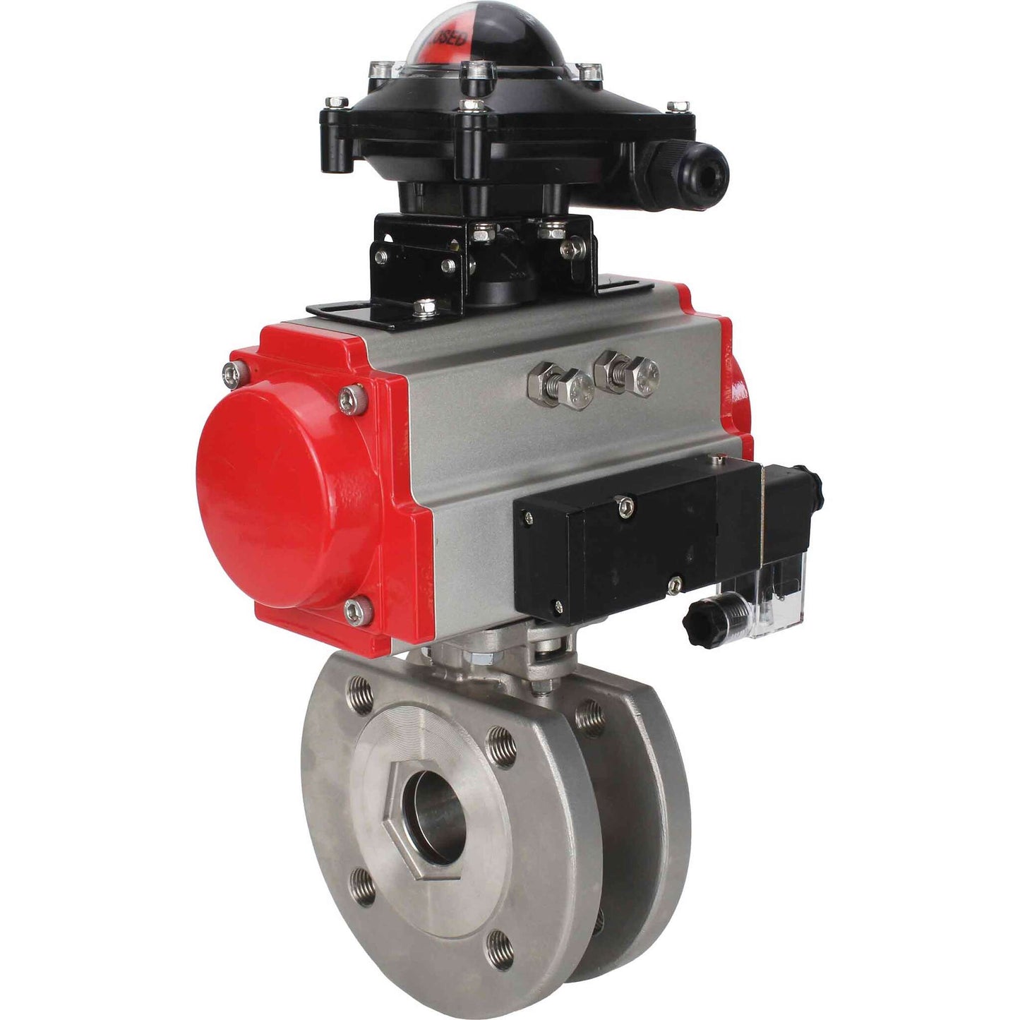 Stainless steel ball valve DNOVA BVcFP.316.200 PSI232 full port, compact flanged, pneumatic actuator DNOVA SA with return springs, pneumatic distributor 4M310-08 NAMUR 24 V, limit switch block APL-410N EX