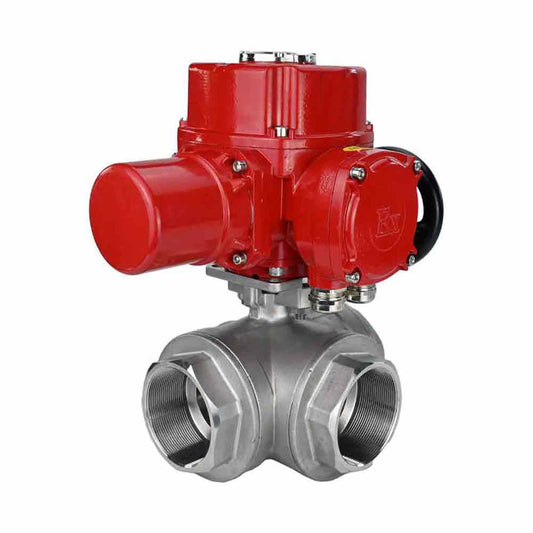 Válvula de bola de acero inoxidable DNOVA RP.SS316.200.MM.ISO 914 PSI roscada, puerto estándar, tres vías, tipo L, material del cuerpo - acero inoxidable AISI 316, con actuador eléctrico de cuarto de vuelta DNOVA QT-W (M) EX 220V