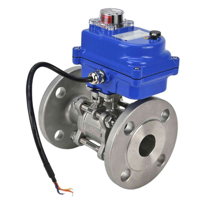 Válvula de bola de acero inoxidable DNOVA BVFPT-ISO.304.180 de tres piezas, material del cuerpo: acero inoxidable SS304, junta: PTFE, brida, paso completo, actuador eléctrico DNOVA 003 azul 24 V