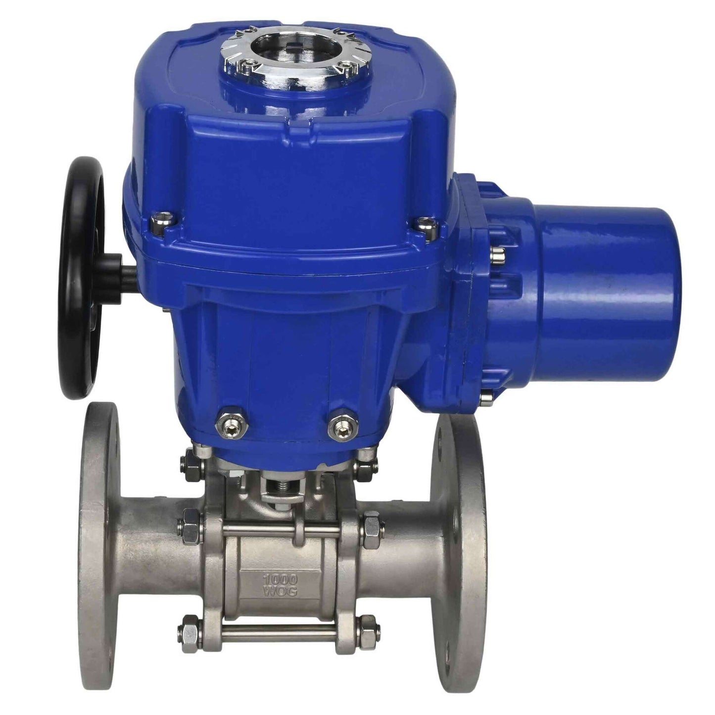 Válvula de bola de acero inoxidable DNOVA BVFPT.316.180 de tres piezas, material del cuerpo: acero inoxidable SS316, junta: PTFE, brida, paso completo, actuador eléctrico de cuarto de vuelta DNOVA QT-W (M) 220 V